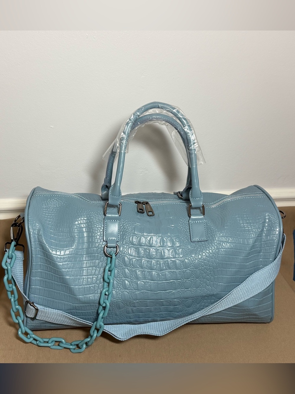Privata Croc-Embossed Light Blue Weekend Travel Tote - Women's Carryall - Picture 2 of 7